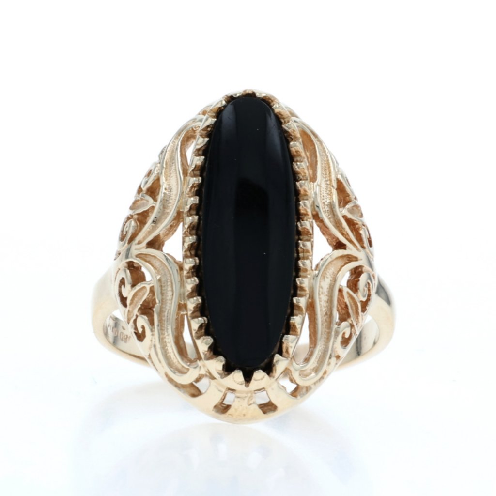 Yellow Gold Onyx Cocktail Solitaire Ring  10k Scrollwork